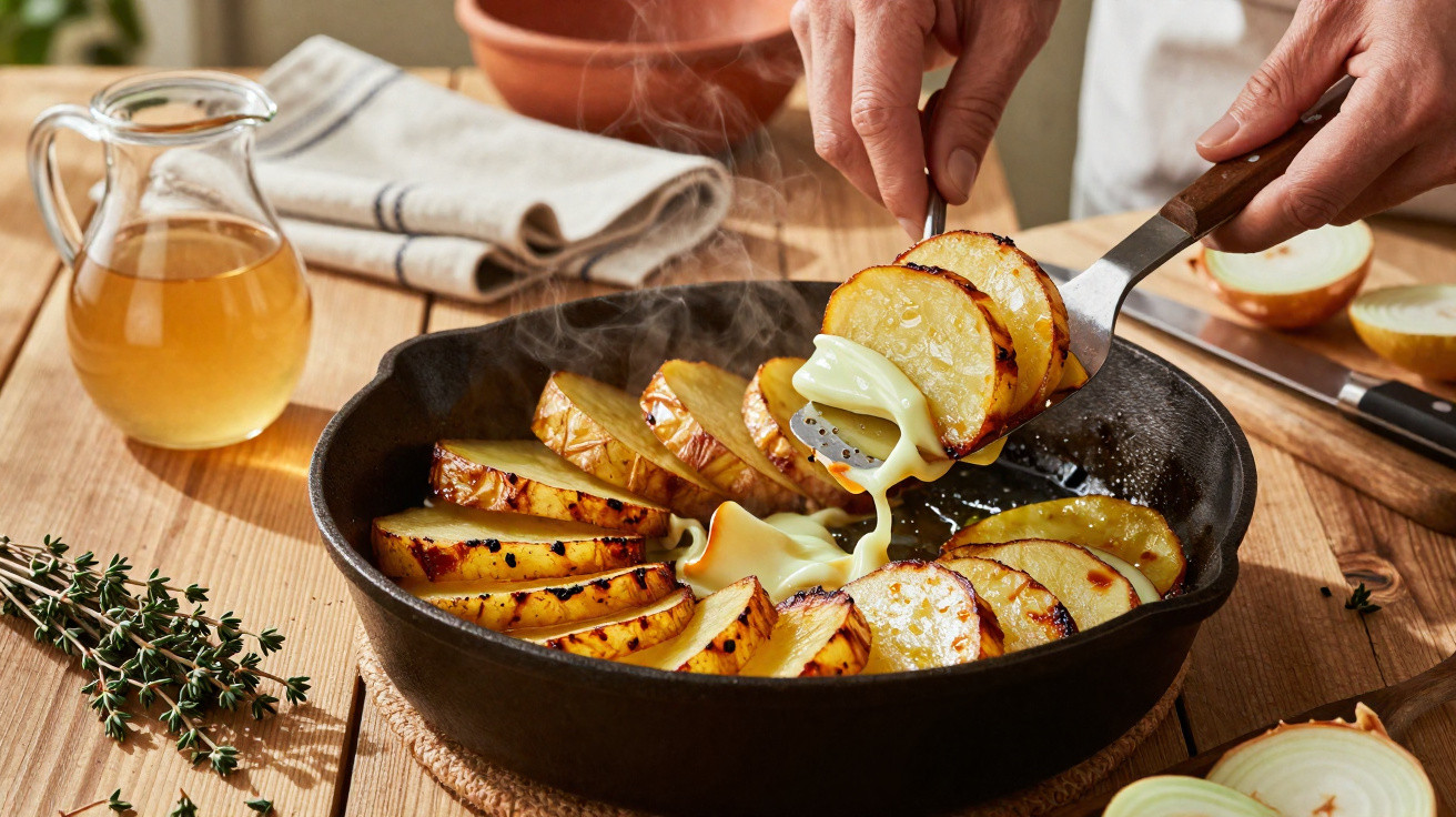 Batatas douradas numa frigideira com molho cremoso a ser servido, rodeado de temperos e ingredientes na mesa.