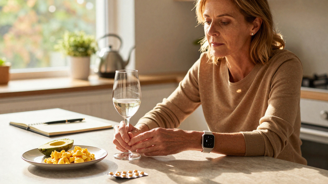 Mulher com expressão pensativa segura copa de vinho sentada à mesa com comida e medicamentos.