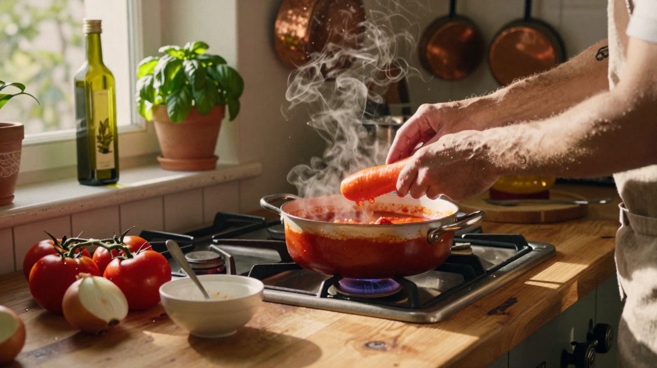 Pessoa a cozinhar molho de tomate com cenoura num fogão a gás numa cozinha iluminada.