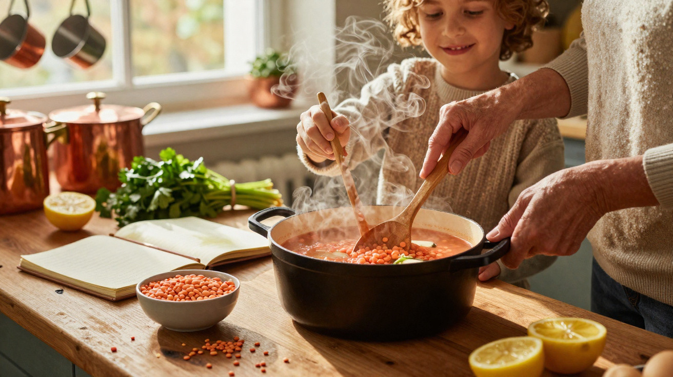 Criança e adulto cozinham juntos sopa de lentilhas numa cozinha luminosa com ingredientes frescos à volta.