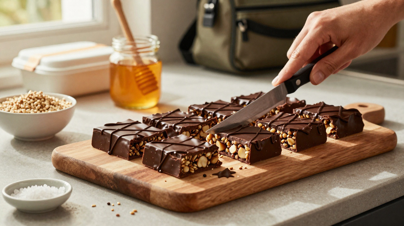 Barra de chocolate com sementes cortada em fatias sobre tábua de madeira numa cozinha.