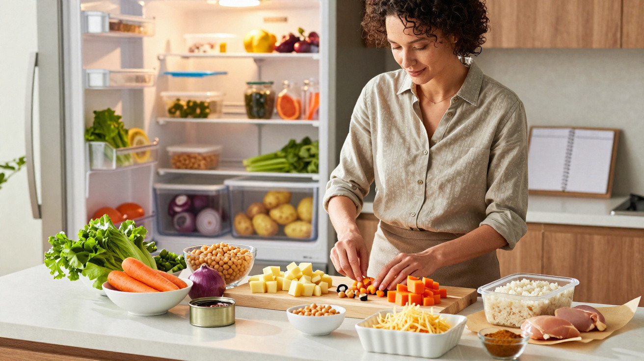 Mulher a preparar legumes cortados num tábua, com legumes e alimentos frescos numa cozinha moderna.
