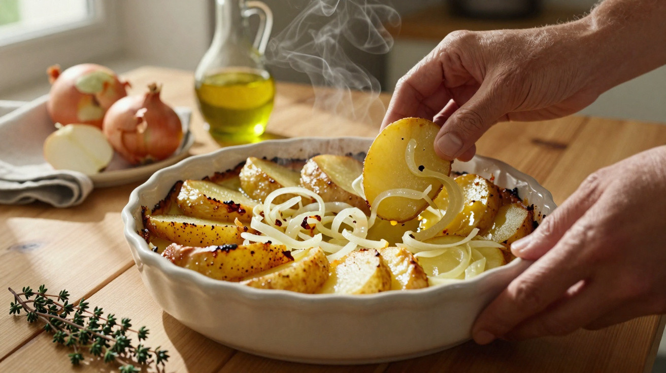 Mãos a preparar batatas assadas com cebola numa travessa branca sobre mesa de madeira.