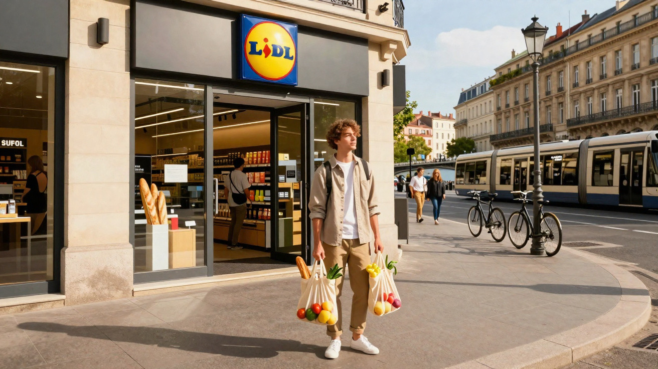 Jovem com mochila e sacos reutilizáveis com compras no exterior de uma loja Lidl numa rua urbana.