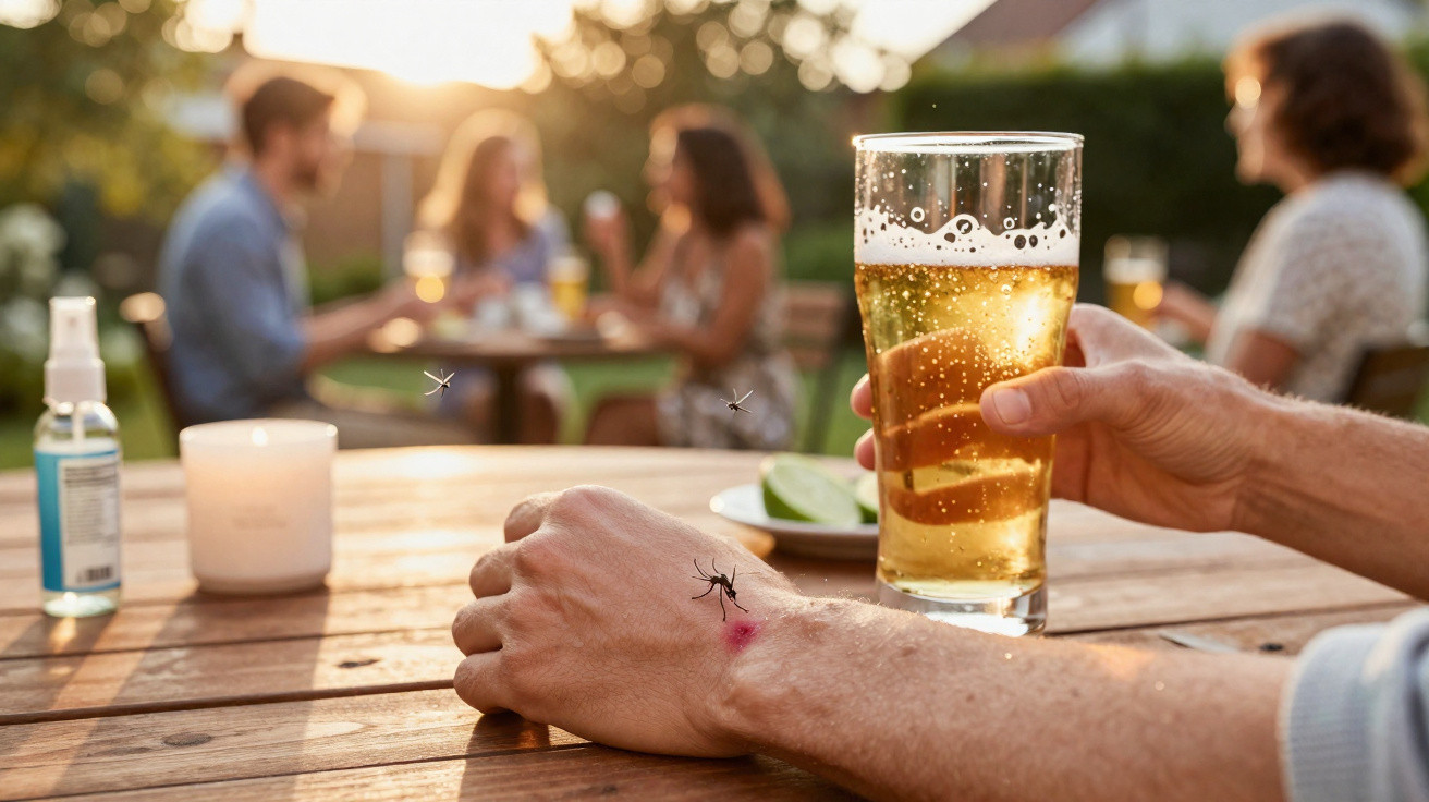 Mão com picada de mosquito e um inseto, segurando copo de cerveja numa mesa ao ar livre com pessoas ao fundo.