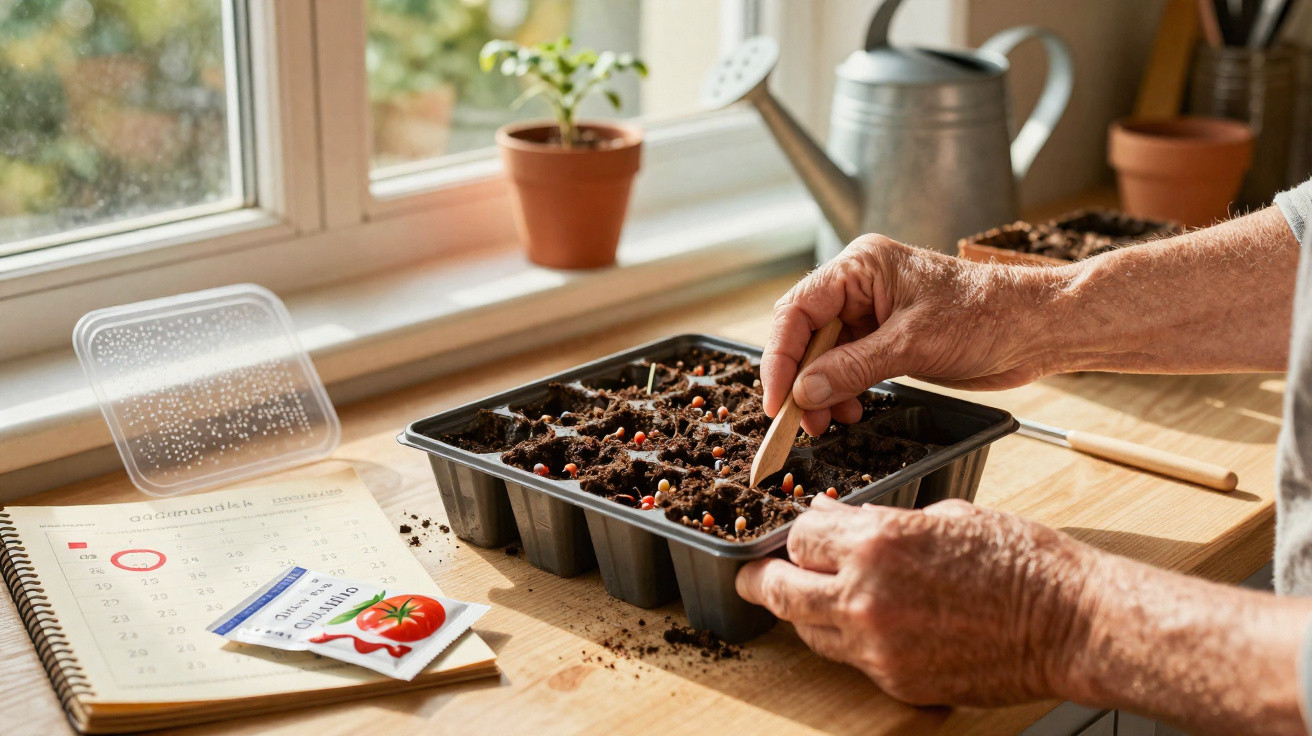 Mãos a plantar sementes num tabuleiro com terra junto a janela, com calendário e pacote de sementes de tomate.