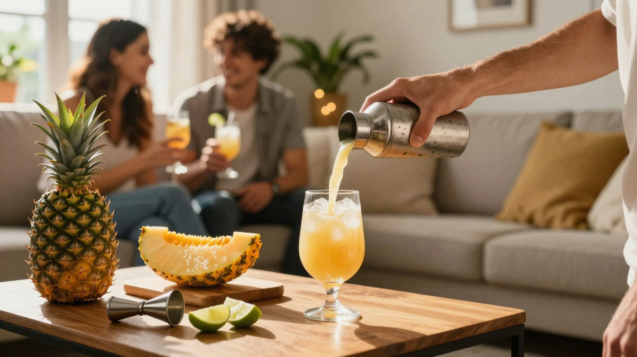 Pessoa a servir cocktail de ananás num copo com gelo numa mesa com fruta, casal a conversar ao fundo.