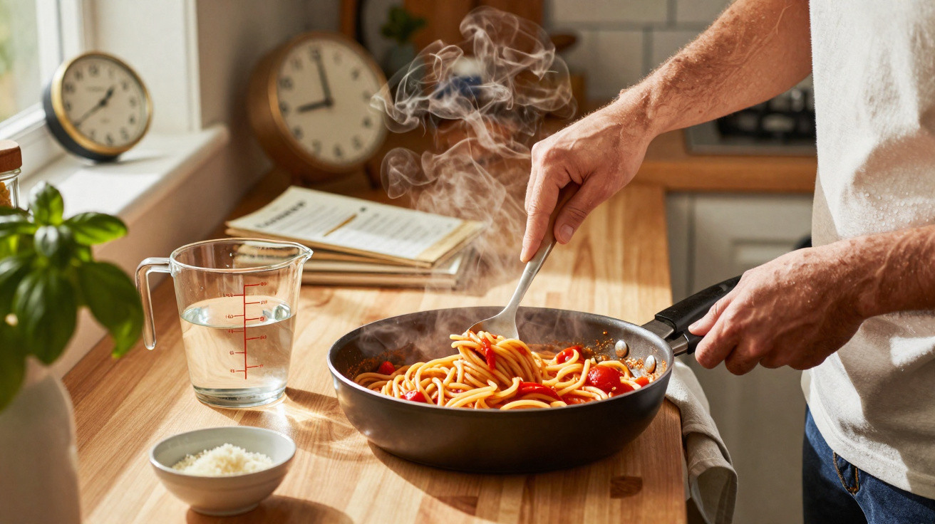 Mãos a mexer massa de esparguete fumegante com tomates cereja numa frigideira numa cozinha luminosa.
