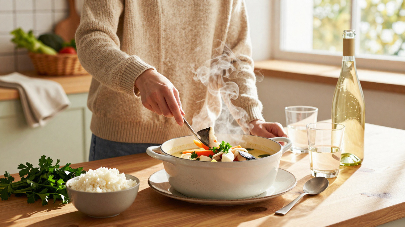 Pessoa a servir sopa quente numa panela branca, com arroz, ervas e garrafa de vinho na mesa de madeira.