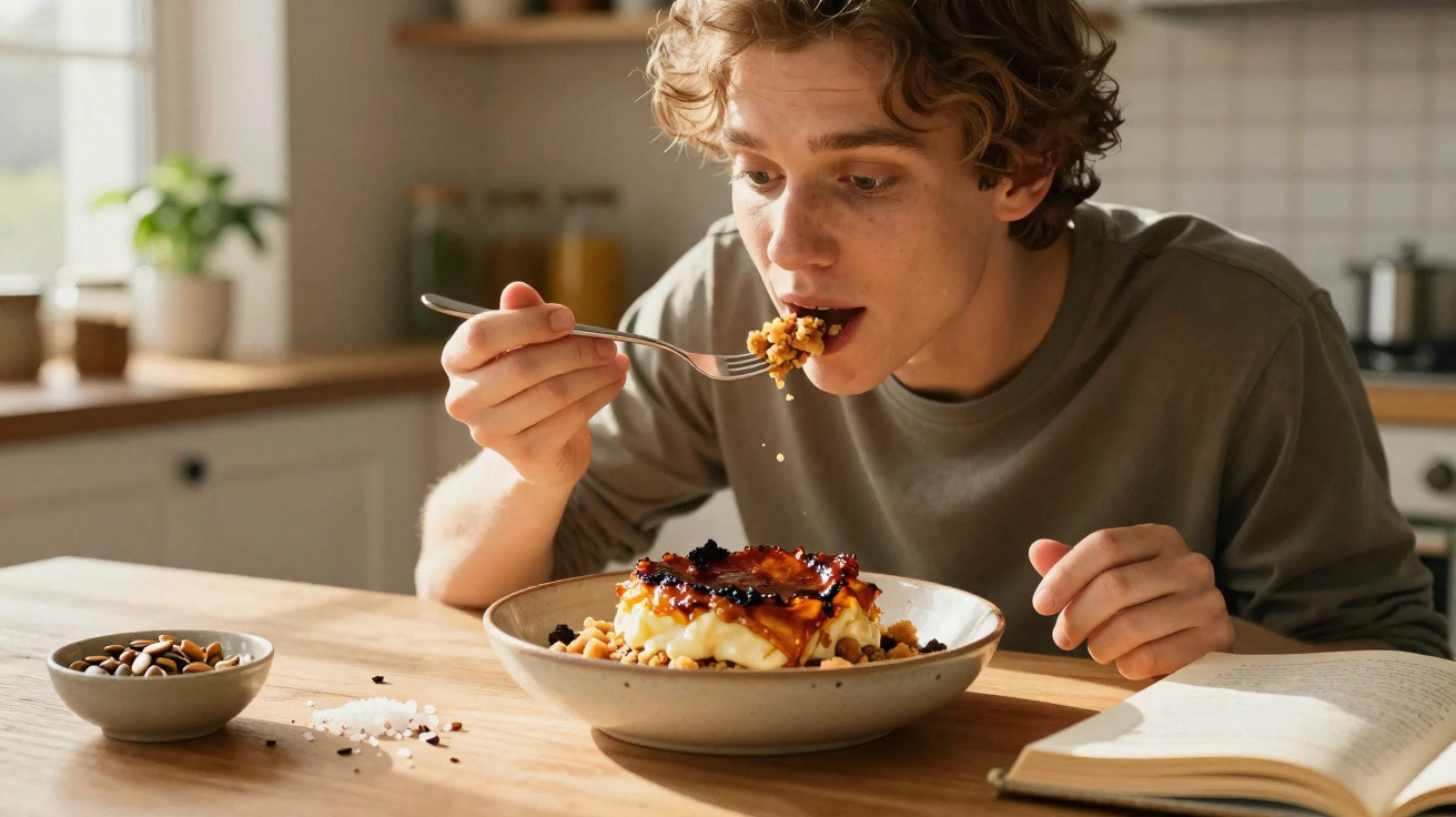 Jovem a comer queijo creme com geleia e nozes, sentado à mesa com livro aberto numa cozinha luminosa.
