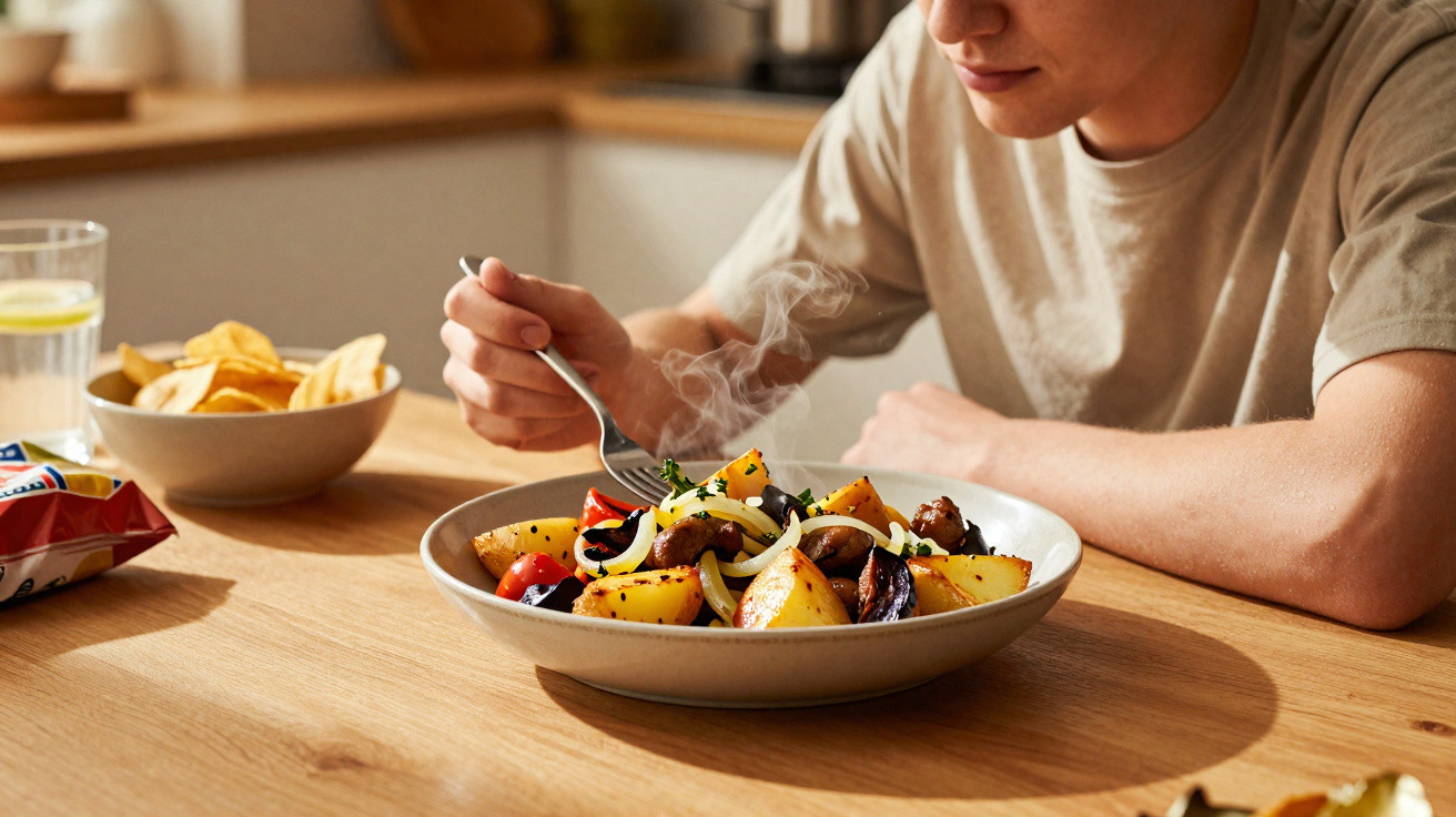 Pessoa a comer refeição quente com legumes e batatas num prato branco numa mesa de madeira.