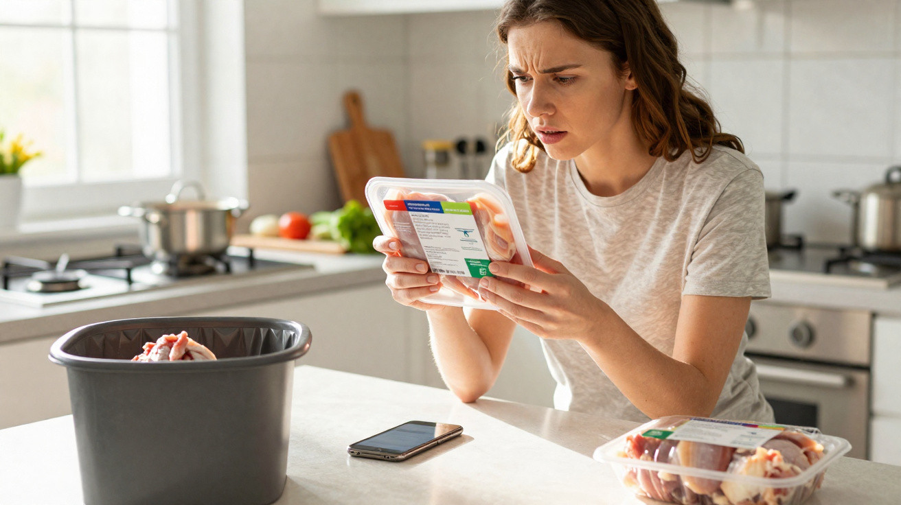 Mulher na cozinha lê rótulo de embalagem de carne com expressão de preocupação.