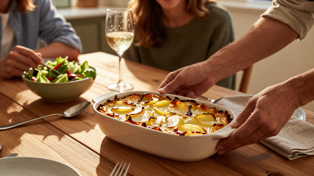 Pessoa a colocar uma travessa com lasanha na mesa de jantar com salada e copo de vinho branco.