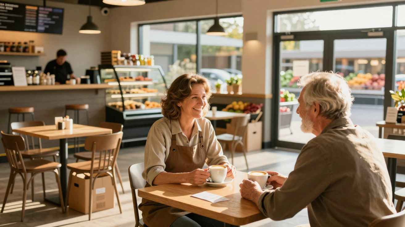 Duas pessoas sorridentes sentadas numa mesa de café com bebidas, num ambiente luminoso e acolhedor.