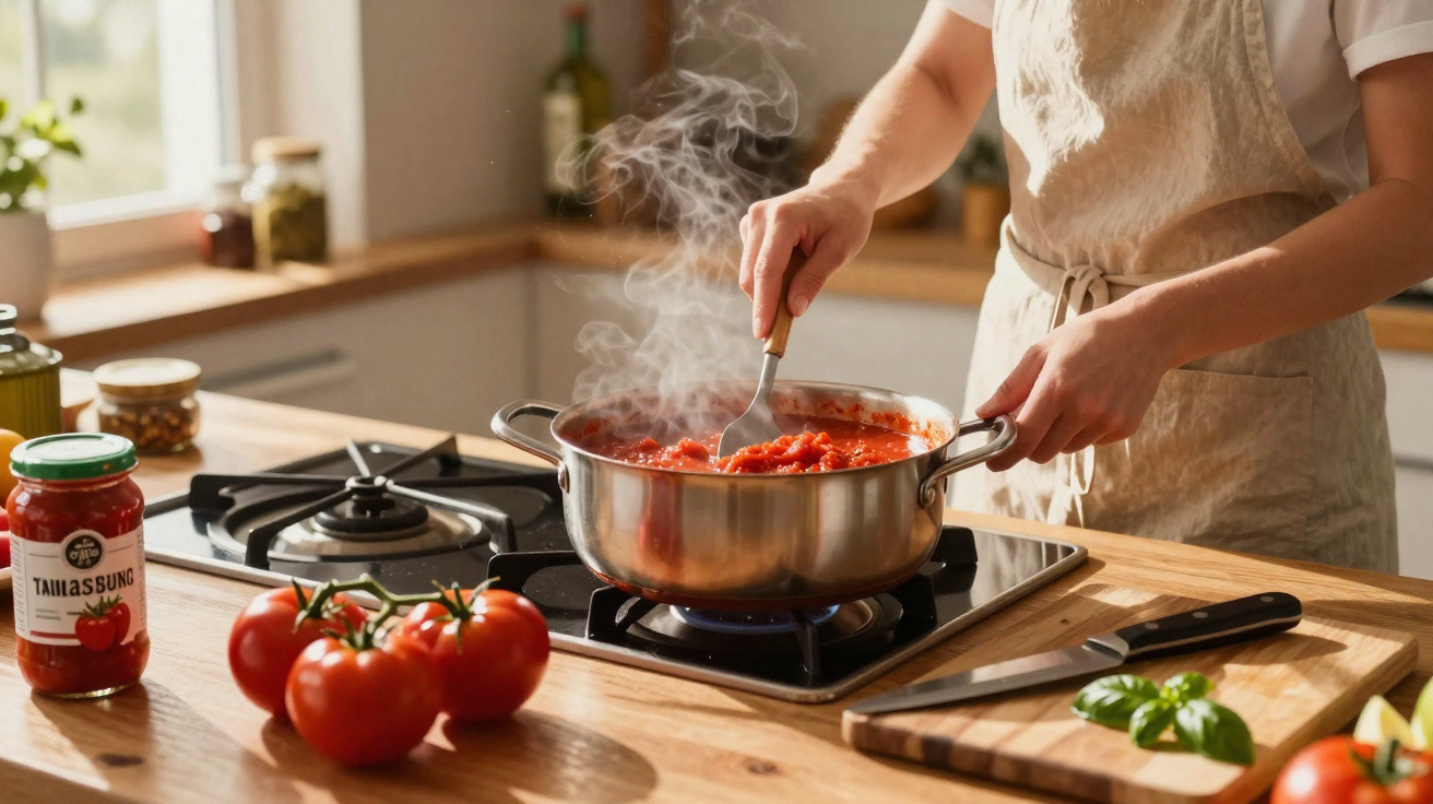 Pessoa a mexer molho de tomate numa panela no fogão, com tomates frescos e manjericão na bancada.
