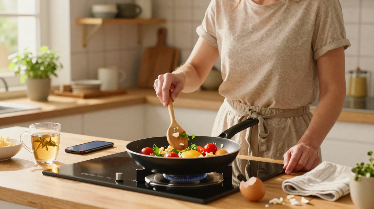 Pessoa a cozinhar legumes e ovos numa frigideira numa cozinha moderna iluminada.
