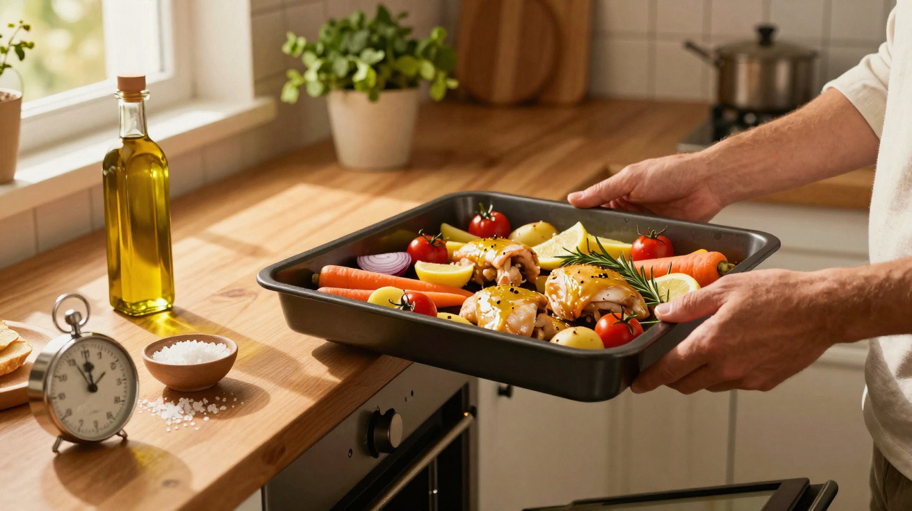 Pessoa a colocar assadeira com frango e legumes no forno numa cozinha luminosa e organizada.