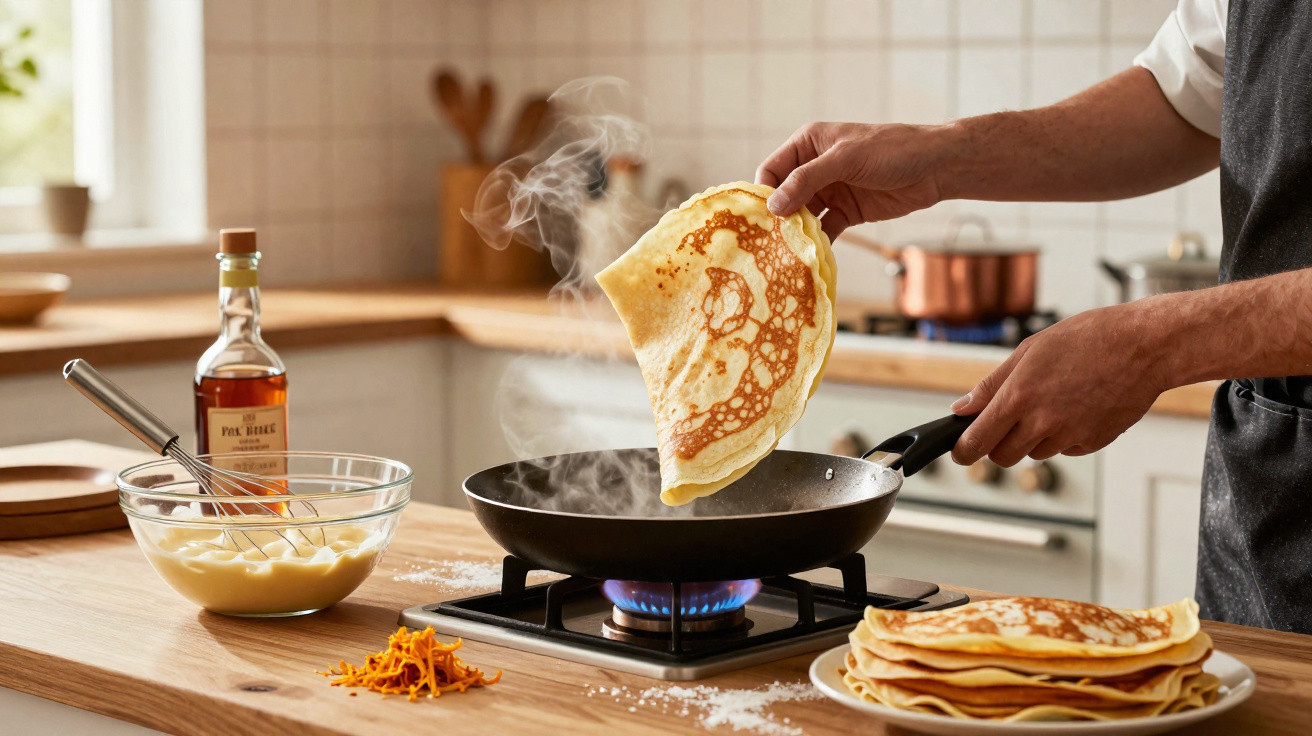 Mãos a virar crepe quente numa frigideira, com massa e ingredientes numa bancada de cozinha moderna.