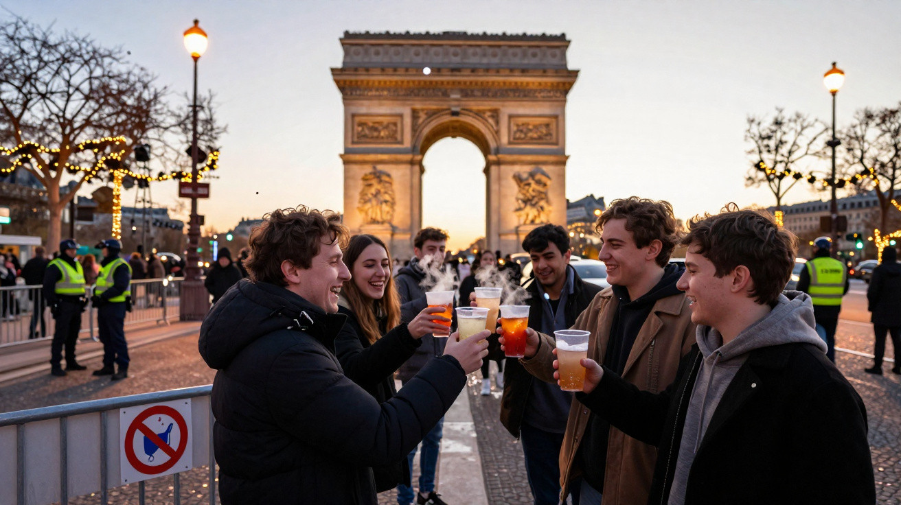 Grupo de jovens a brindar com copos de bebida junto ao Arco do Triunfo em Paris ao anoitecer.