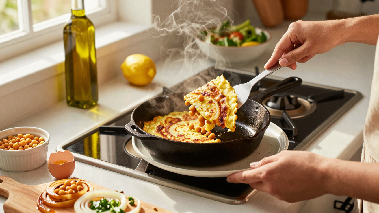 Mão a servir uma crêpe quente com grão-de-bico numa frigideira na cozinha.