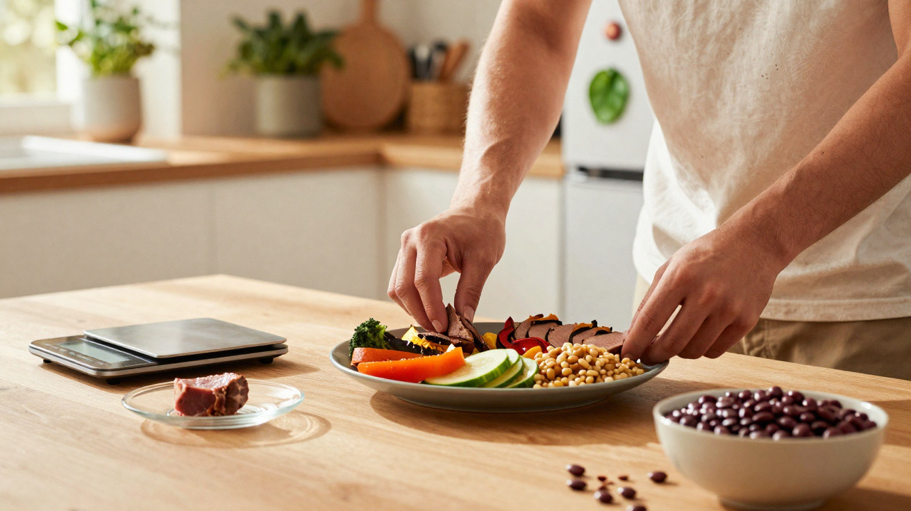 Pessoa a preparar prato com legumes, carne e leguminosas numa cozinha luminosa e arrumada.