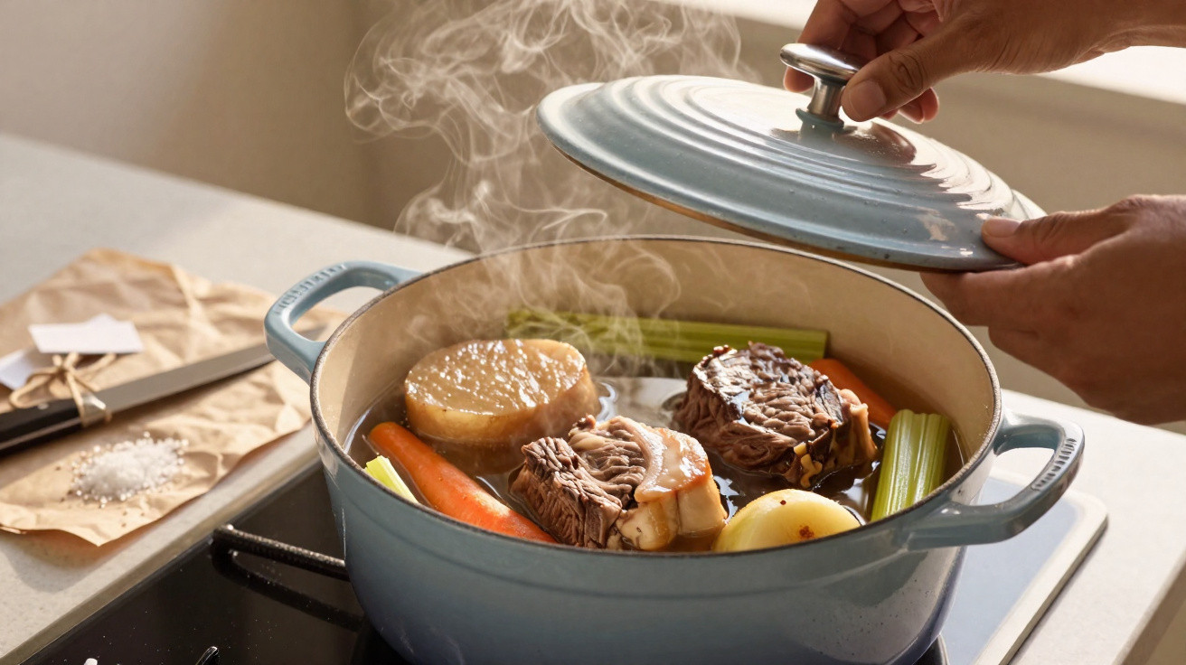 Mãos a levantar tampa de panela com carne, cenoura, batata e aipo a cozinhar e vapor a sair.