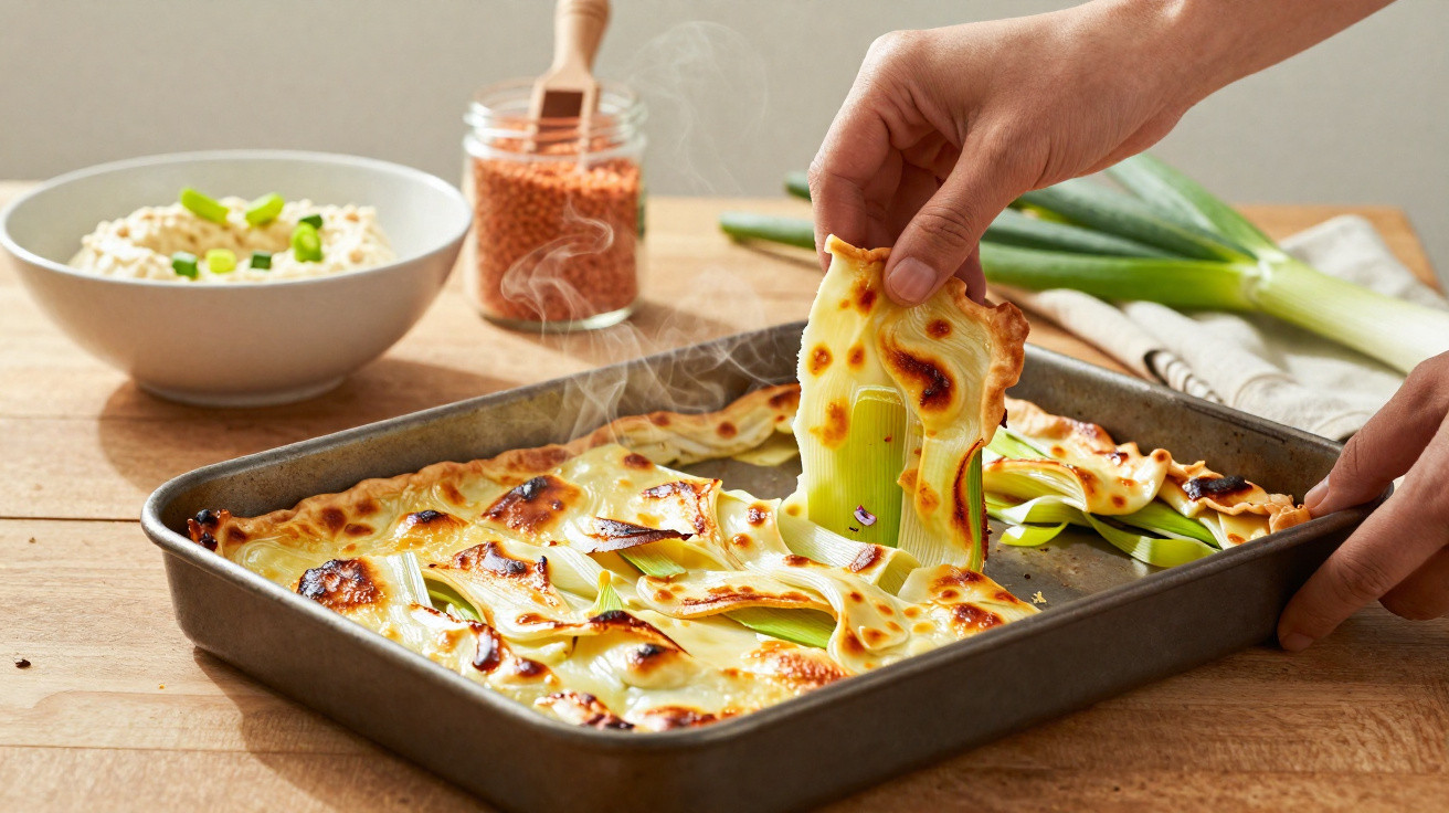 Mão a retirar fatia de gratinado de alho francês numa tabuleiro, com vapor e ingredientes ao fundo.