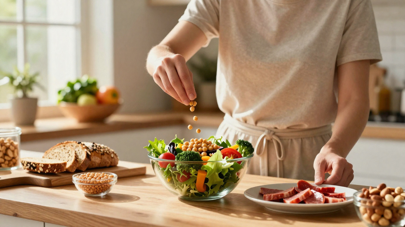 Pessoa a temperar salada com grão-de-bico numa cozinha moderna e luminosa.