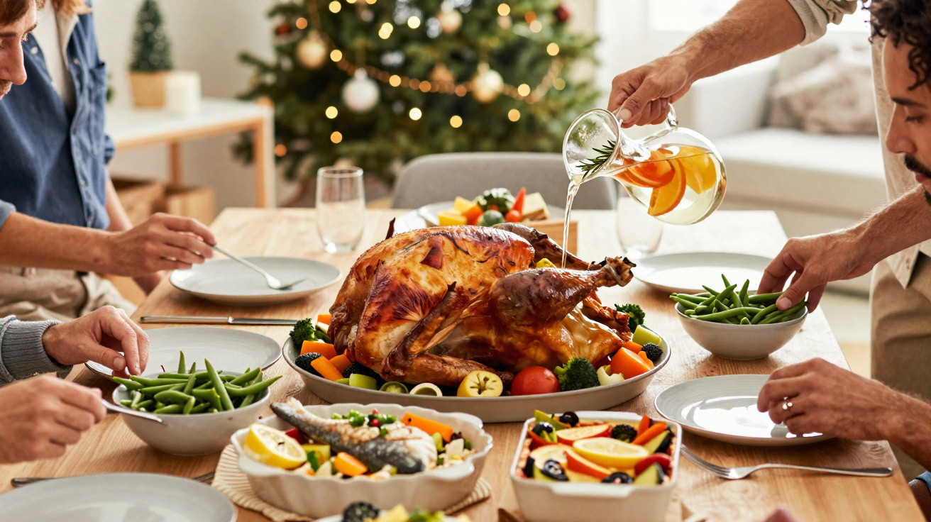 Mesa de jantar com peru assado, legumes, peixe e pessoas a servir alimentos numa sala com árvore de Natal.