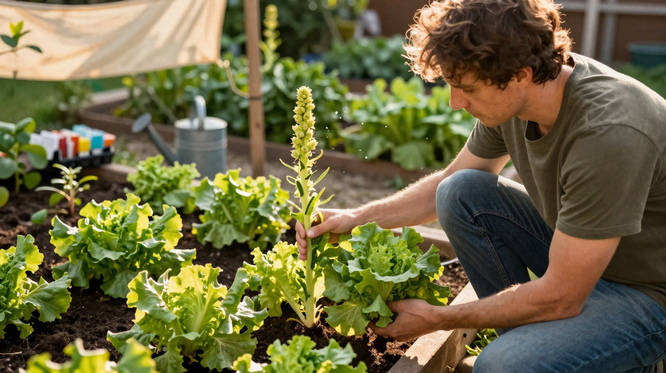 Homem a cuidar de plantas de alface com flor no seu jardim numa caixa de cultivo.