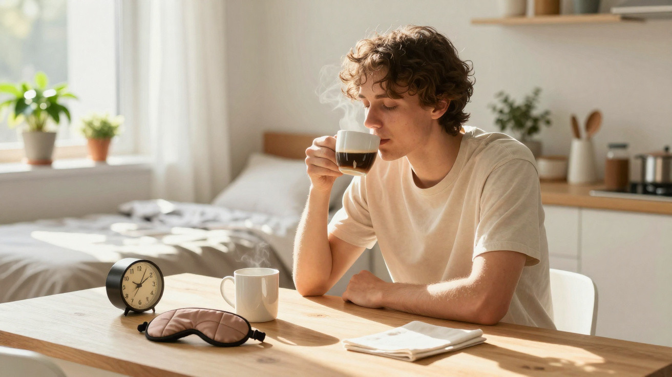 Jovem sentado a uma mesa, a beber café quente, com máscara de dormir e relógio sobre a mesa numa cozinha iluminada.