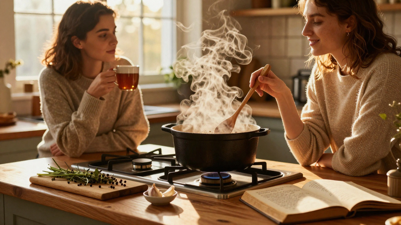 Duas mulheres num ambiente acolhedor de cozinha, uma a mexer uma panela fumegante e outra a beber chá.