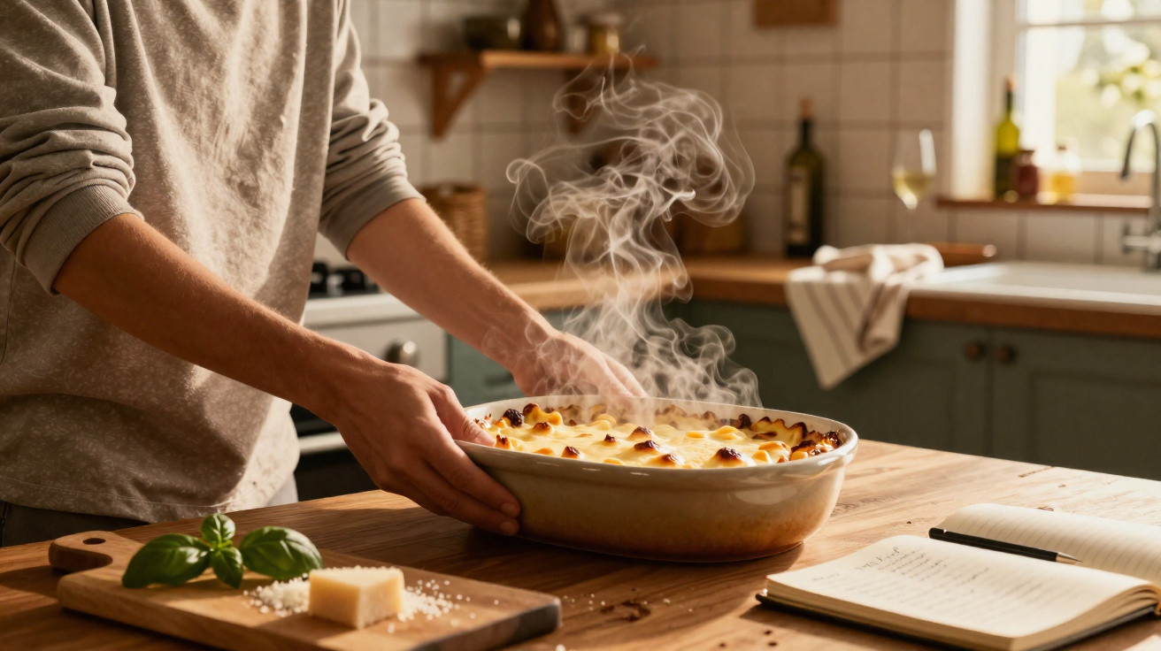 Pessoa a segurar um prato com lasanha quente a sair do forno numa cozinha acolhedora e iluminada.