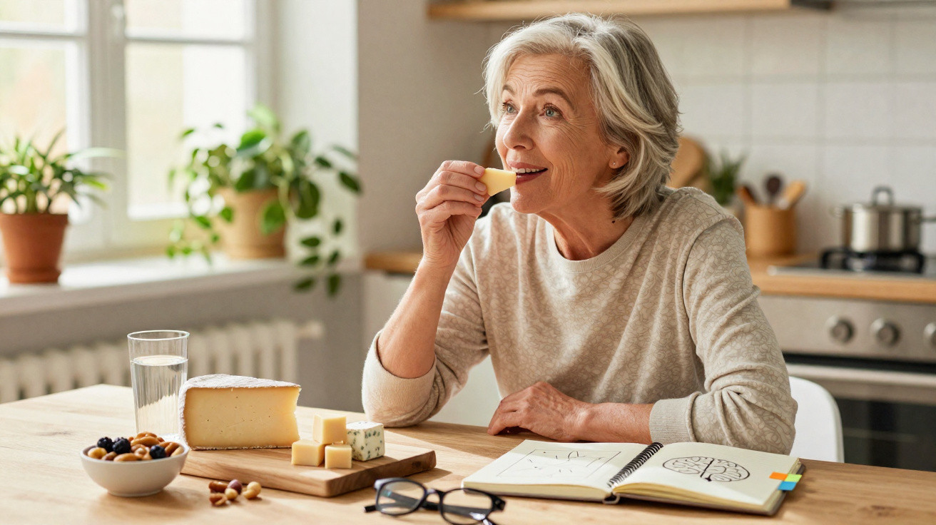 Mulher sénior a saborear queijo, sentada à mesa com caderno, óculos, copo de água e petiscos.