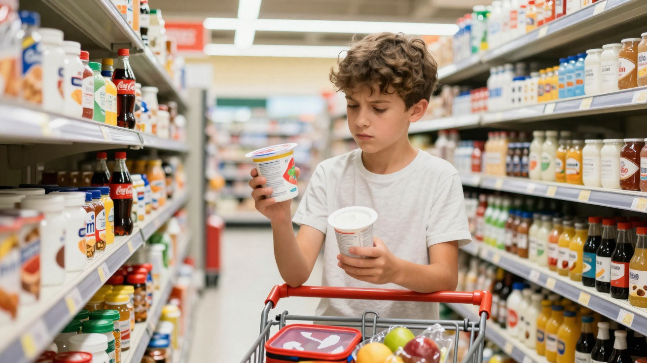 Criança a comparar embalagens de iogurte no corredor de um supermercado cheio de produtos variados.
