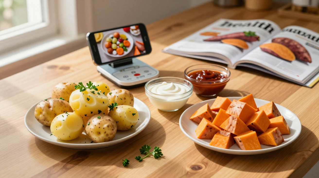 Pratos com batatas cozidas, batata-doce cortada, molhos e smartphone a mostrar receita numa mesa de madeira.