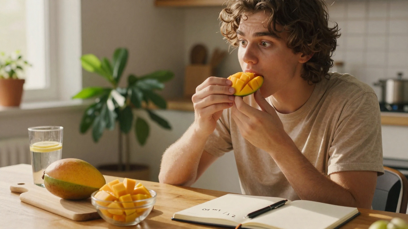 Jovem com cabelo encaracolado a comer manga cortada enquanto está sentado à mesa com caderno aberto e copo de água.