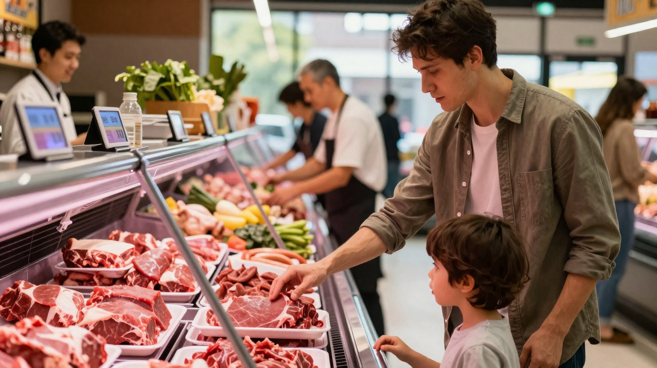 Homem e criança escolhem carne numa secção frigorífica de supermercado com variados cortes expostos.