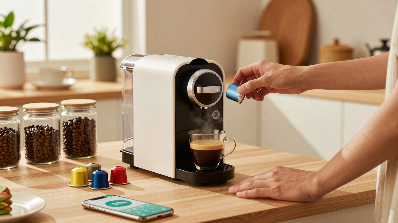 Pessoa a colocar cápsula numa máquina de café com cháveneta de café em balcão de cozinha.