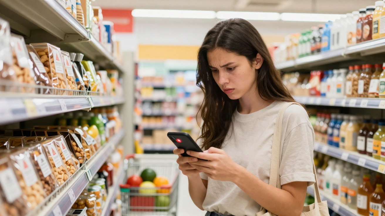Mulher jovem a olhar preocupado para o telemóvel enquanto faz compras num supermercado.