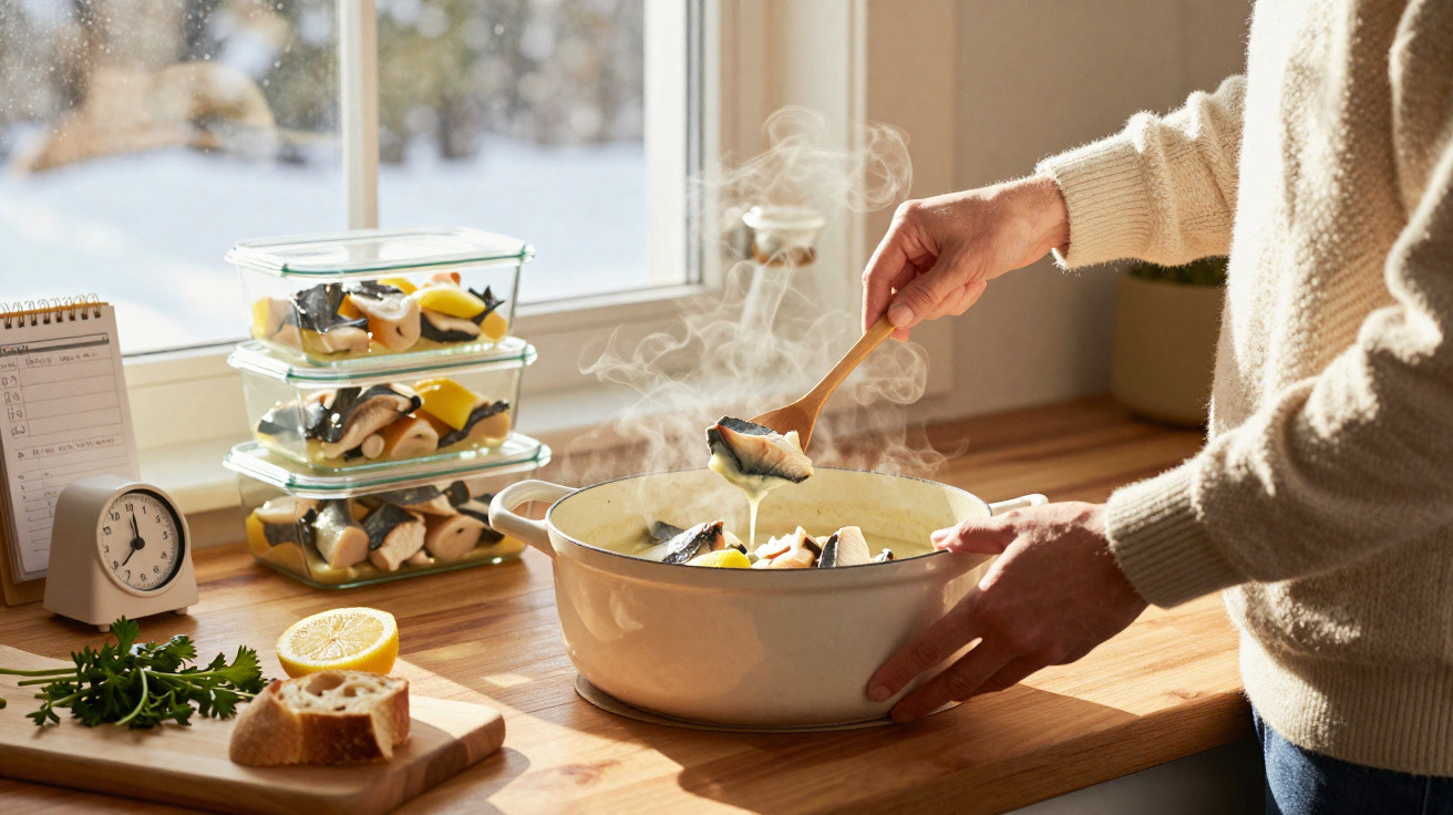 Pessoa a cozinhar peixe num tacho branco numa cozinha iluminada com ingredientes e recipientes de vidro.
