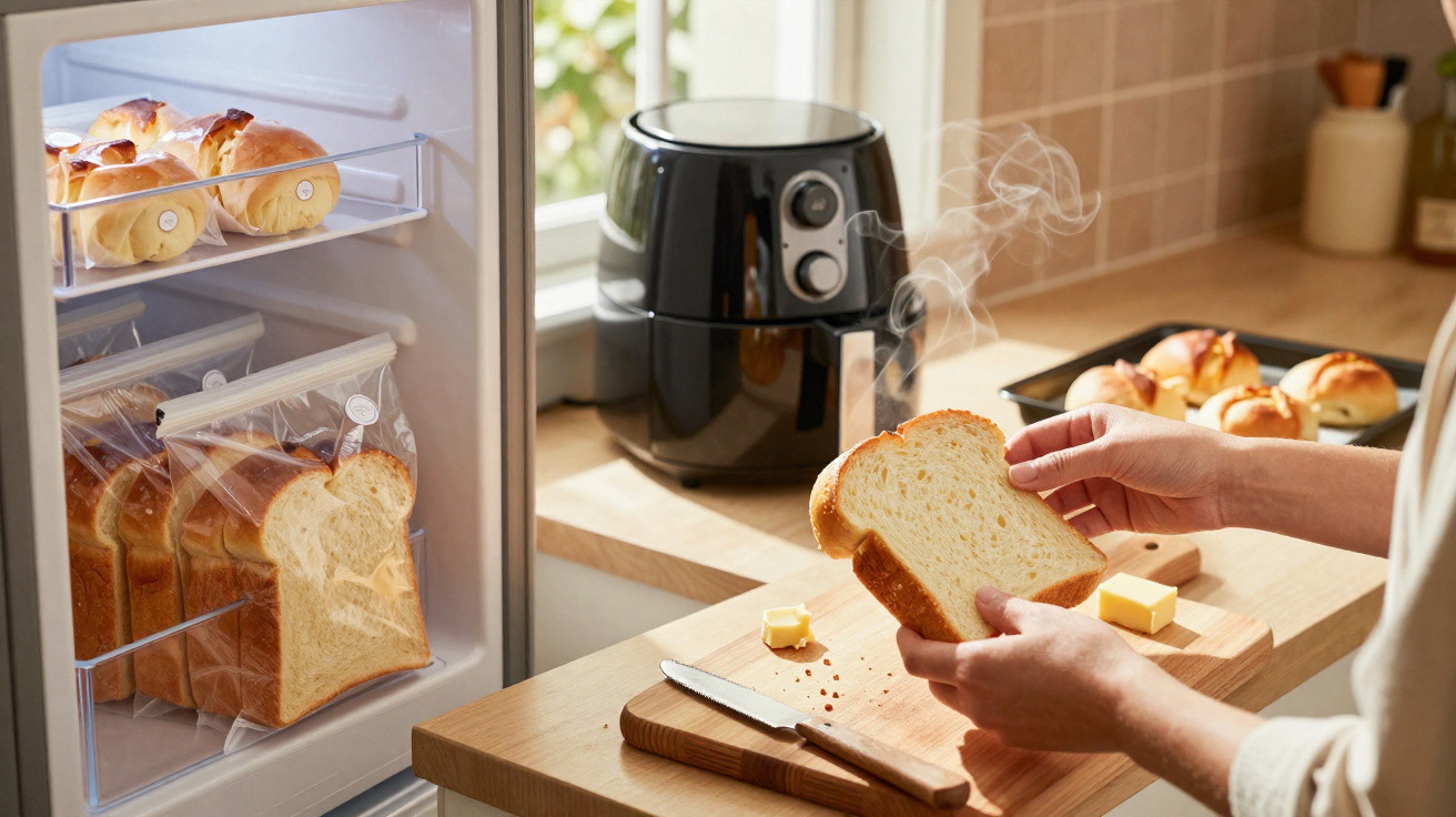 Mãos seguram fatia de pão quente ao lado de manteiga, faca e pãezinhos, com air fryer na bancada.