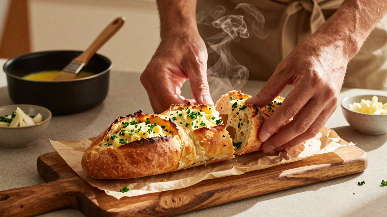 Pão artesanal quente, aberto e recheado com manteiga derretida e ervas frescas, com mãos a separar a fatia.