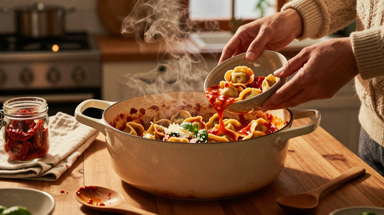 Mãos a servir tortellini com molho de tomate fumegante numa panela de ferro fundido na cozinha.