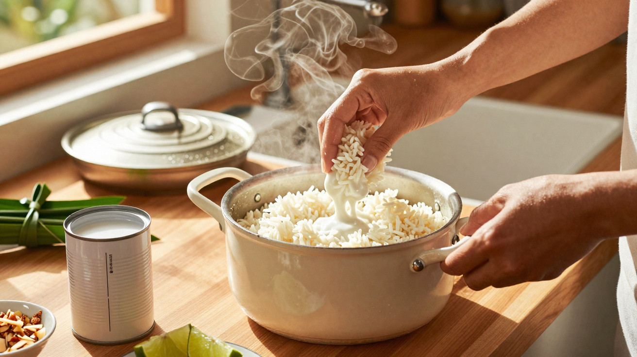 Mãos a mexer arroz cozinhado a vapor numa panela branca numa cozinha iluminada pela luz natural.