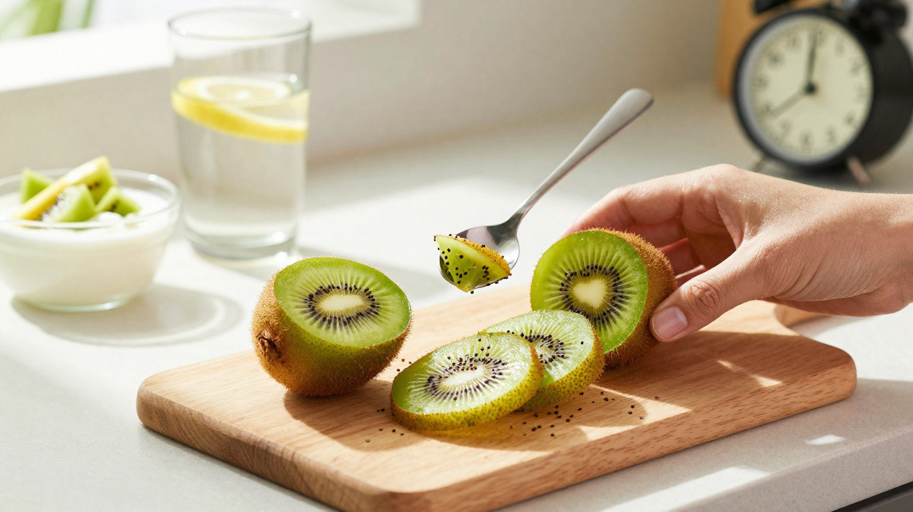 Mão a pegar fatia de kiwi com colher em tábua de madeira, copo de água com limão e taça com fruta ao fundo.