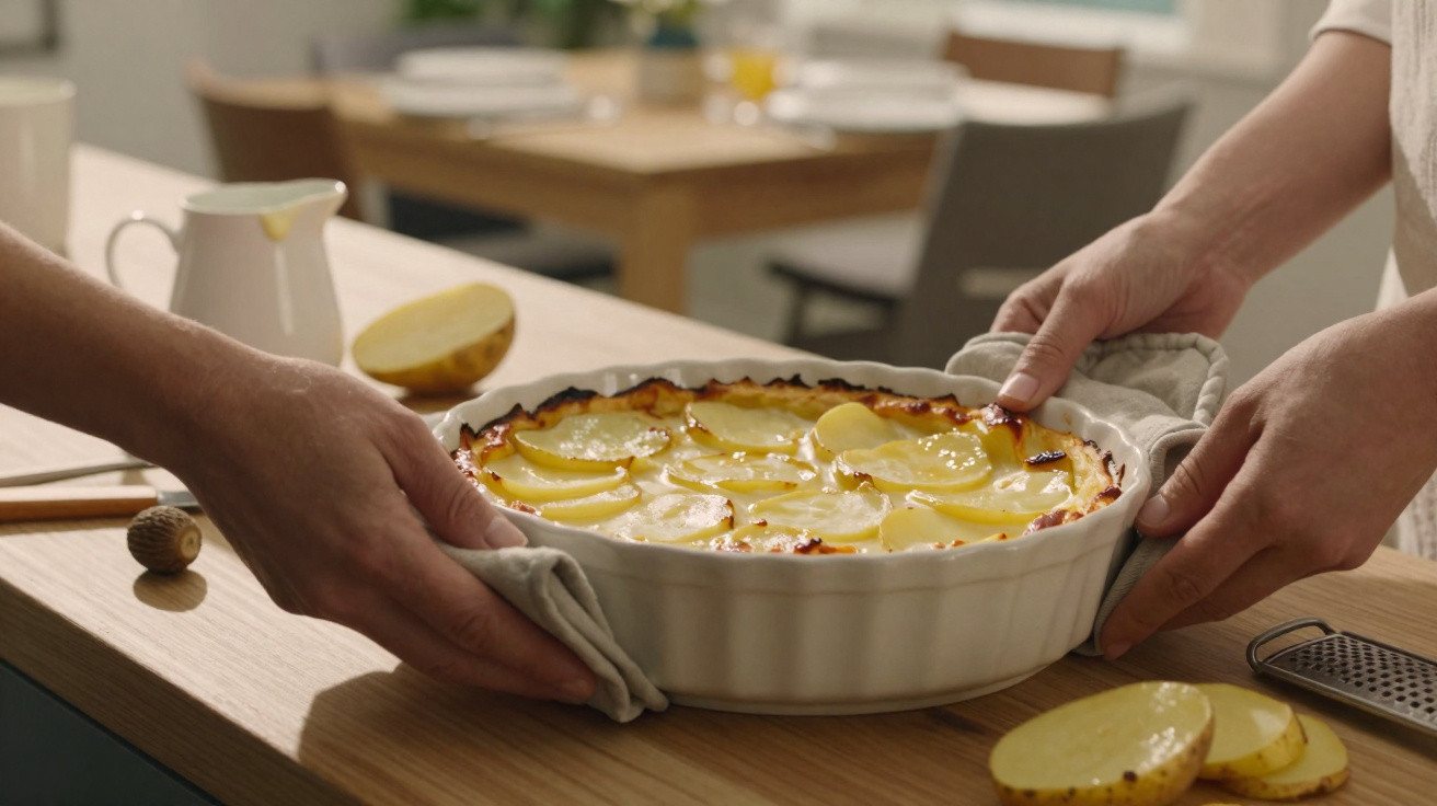 Duas mãos seguram uma travessa com batatas gratinadas num balcão de cozinha iluminado.