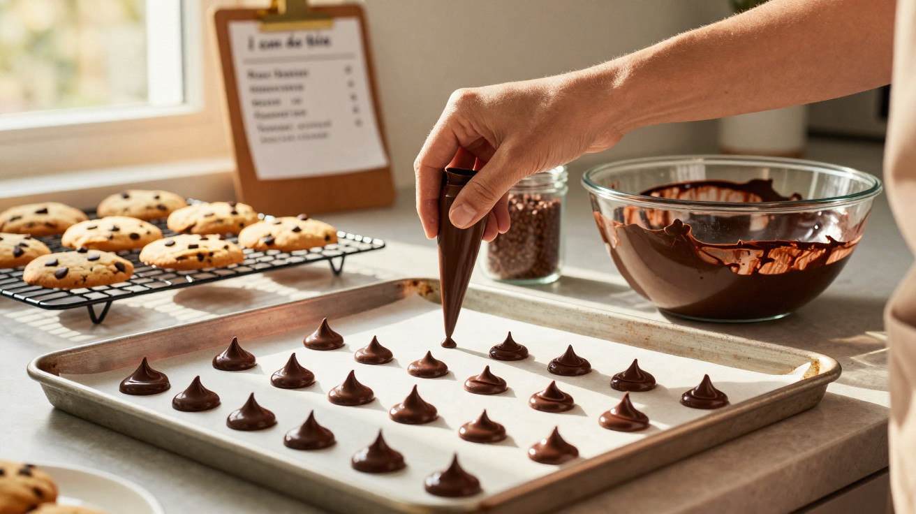 Pessoa a fazer gotas de chocolate numa tabuleiro com biscoitos recém-assados ao fundo.