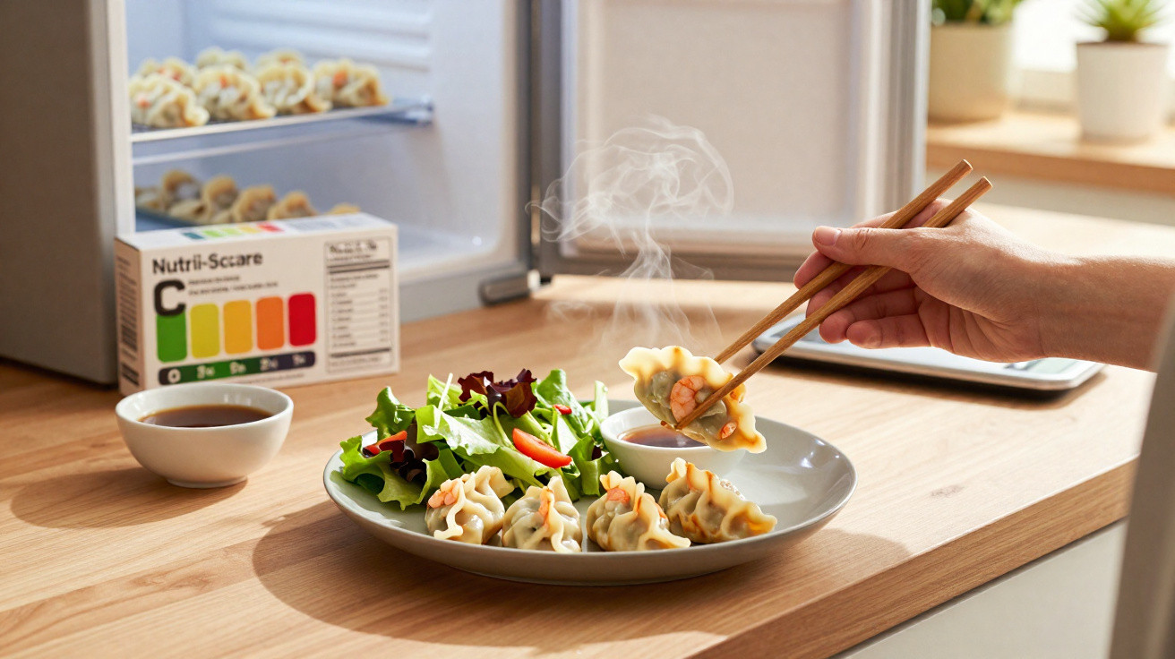 Mão a segurar dumpling fumegante com pauzinhos, prato com dumplings e salada, ao lado de molho e Nutri-Score.