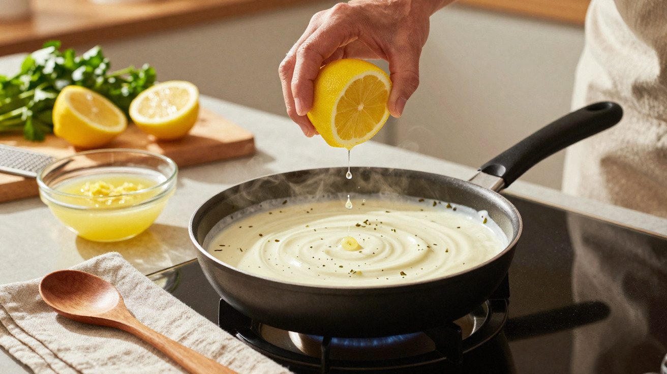Mão a espremer limão sobre molho branco numa frigideira enquanto cozinha no fogão.